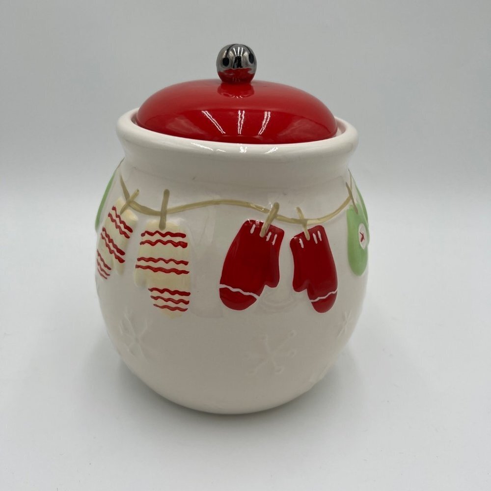 Hallmark Mittens Snowflakes Ceramic Jar Lid Cookie Candy Winter Christmas White